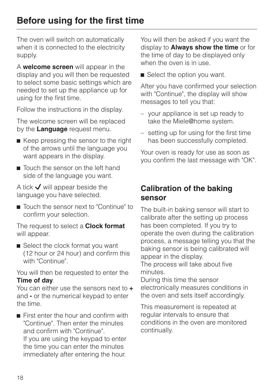 Before using for the first time 18, Calibration of the baking sensor 18, Before using for the first time | Calibration of the baking sensor | Miele H 4681 User Manual | Page 18 / 60