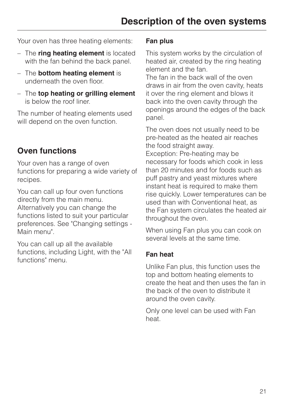 Description of the oven systems 21, Description of the oven systems, Oven functions | Miele H 4681 User Manual | Page 21 / 60