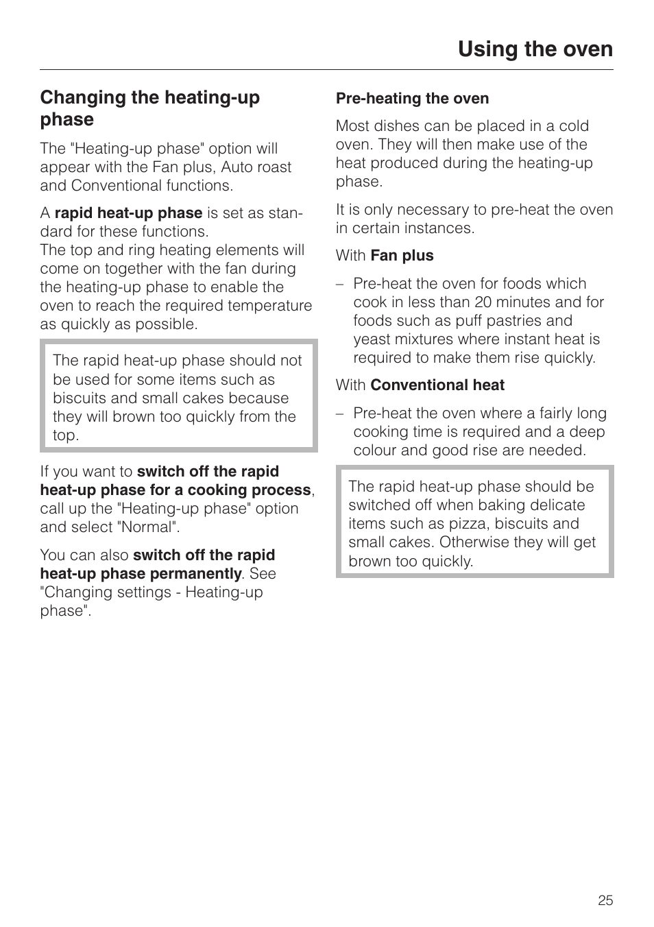 Changing the heating-up phase 25, Pre-heating the oven 25, Using the oven | Changing the heating-up phase | Miele H 4681 User Manual | Page 25 / 60
