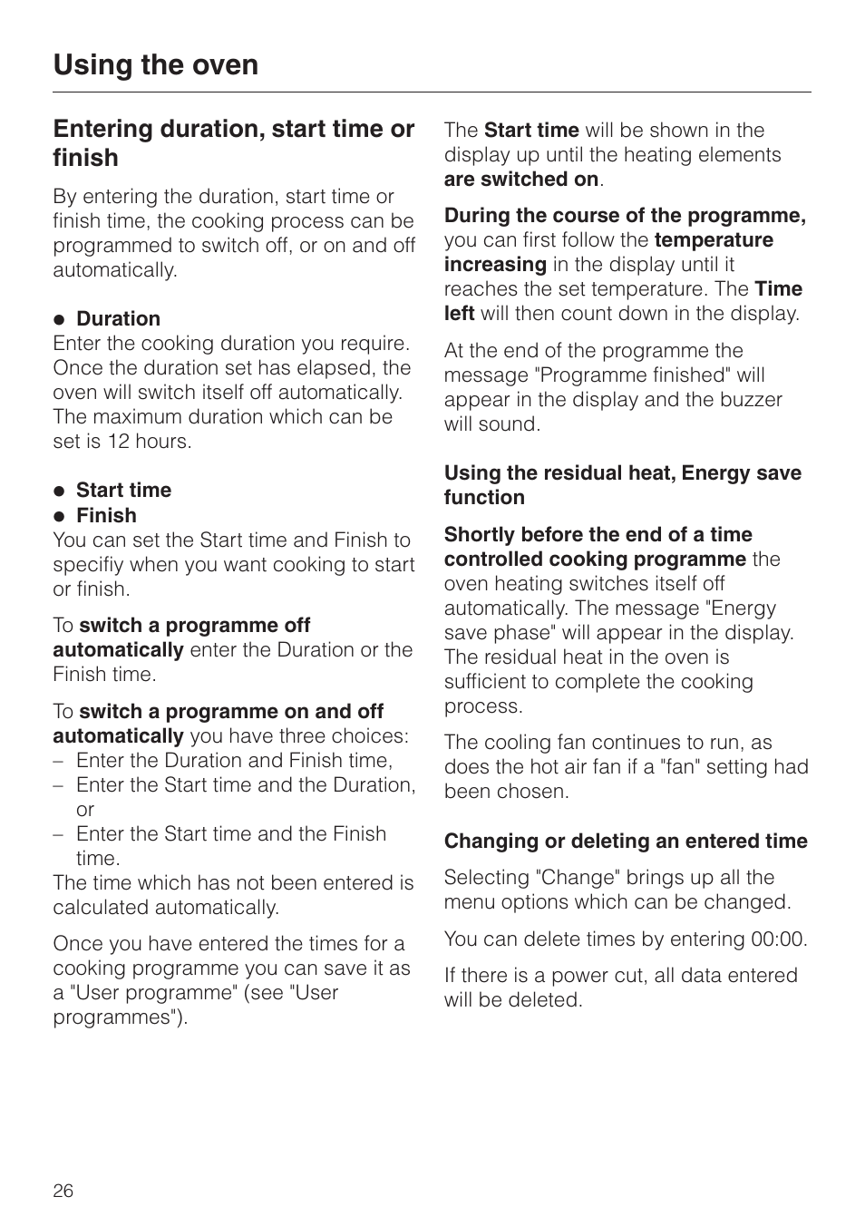 Entering duration, start time or finish 26, Using the residual heat, energy save function 26, Changing or deleting an entered time 26 | Using the oven, Entering duration, start time or finish | Miele H 4681 User Manual | Page 26 / 60