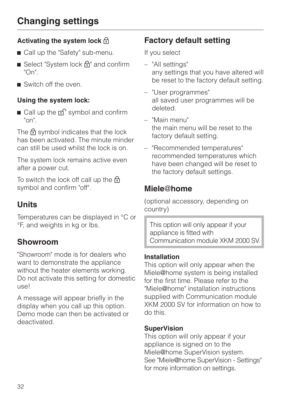 Activating the system lock $ 32, Using the system lock: 32, Units 32 | Showroom 32, Factory default setting 32, Miele | home 32, Changing settings, Units, Showroom, Factory default setting | Miele H 4681 User Manual | Page 32 / 60