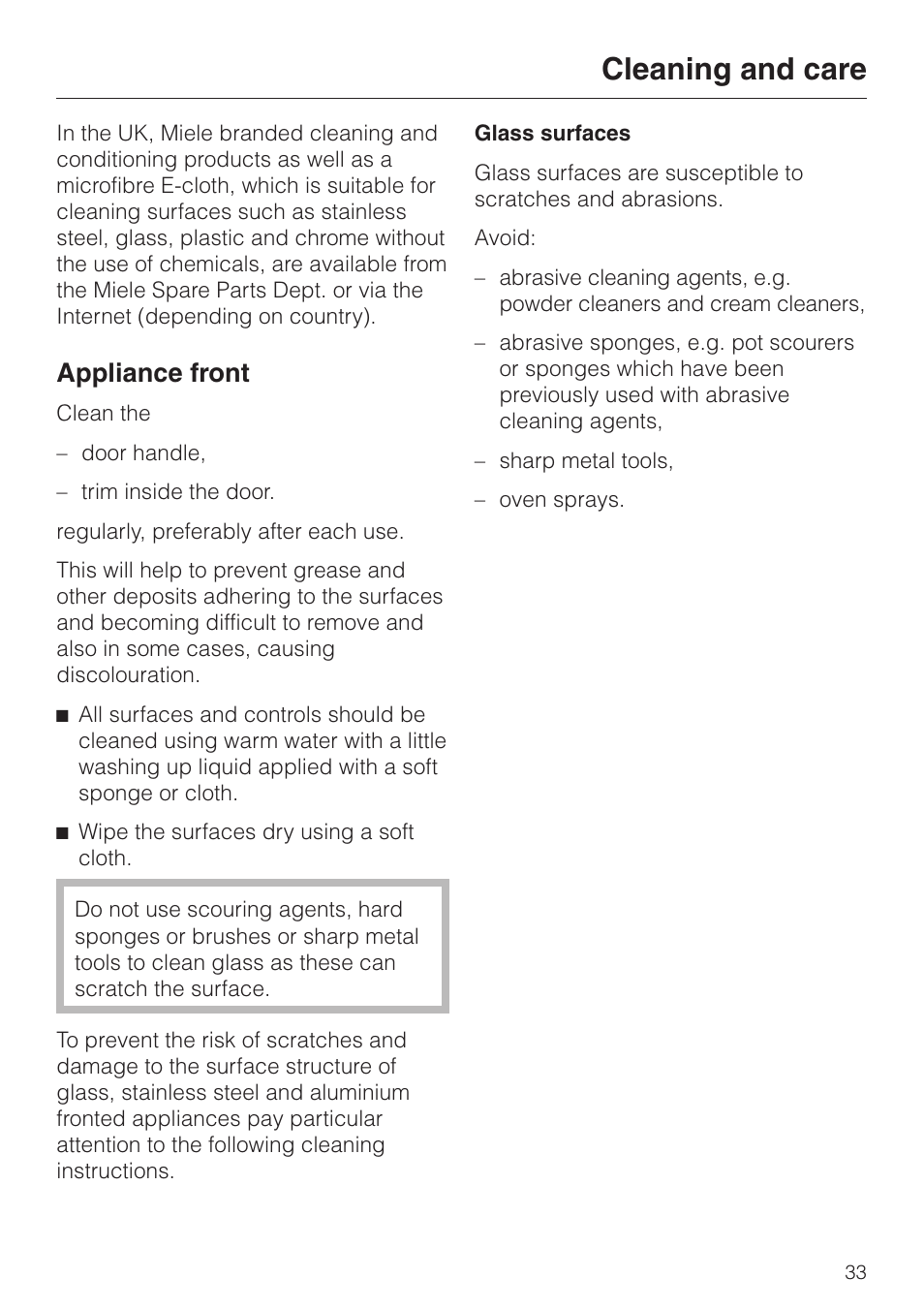 Cleaning and care 33, Cleaning and care, Appliance front | Miele H 4681 User Manual | Page 33 / 60