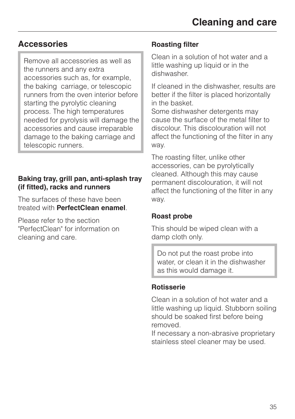 Accessories 35, Roasting filter 35, Roast probe 35 | Rotisserie 35, Cleaning and care, Accessories | Miele H 4681 User Manual | Page 35 / 60