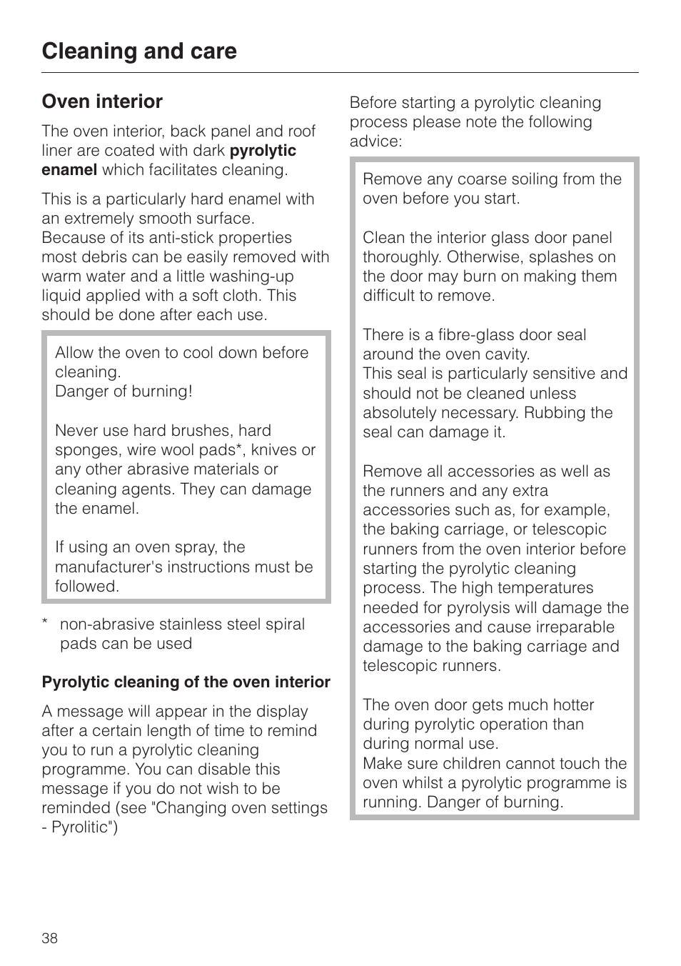 Oven interior 38, Pyrolytic cleaning of the oven interior 38, Cleaning and care | Oven interior | Miele H 4681 User Manual | Page 38 / 60