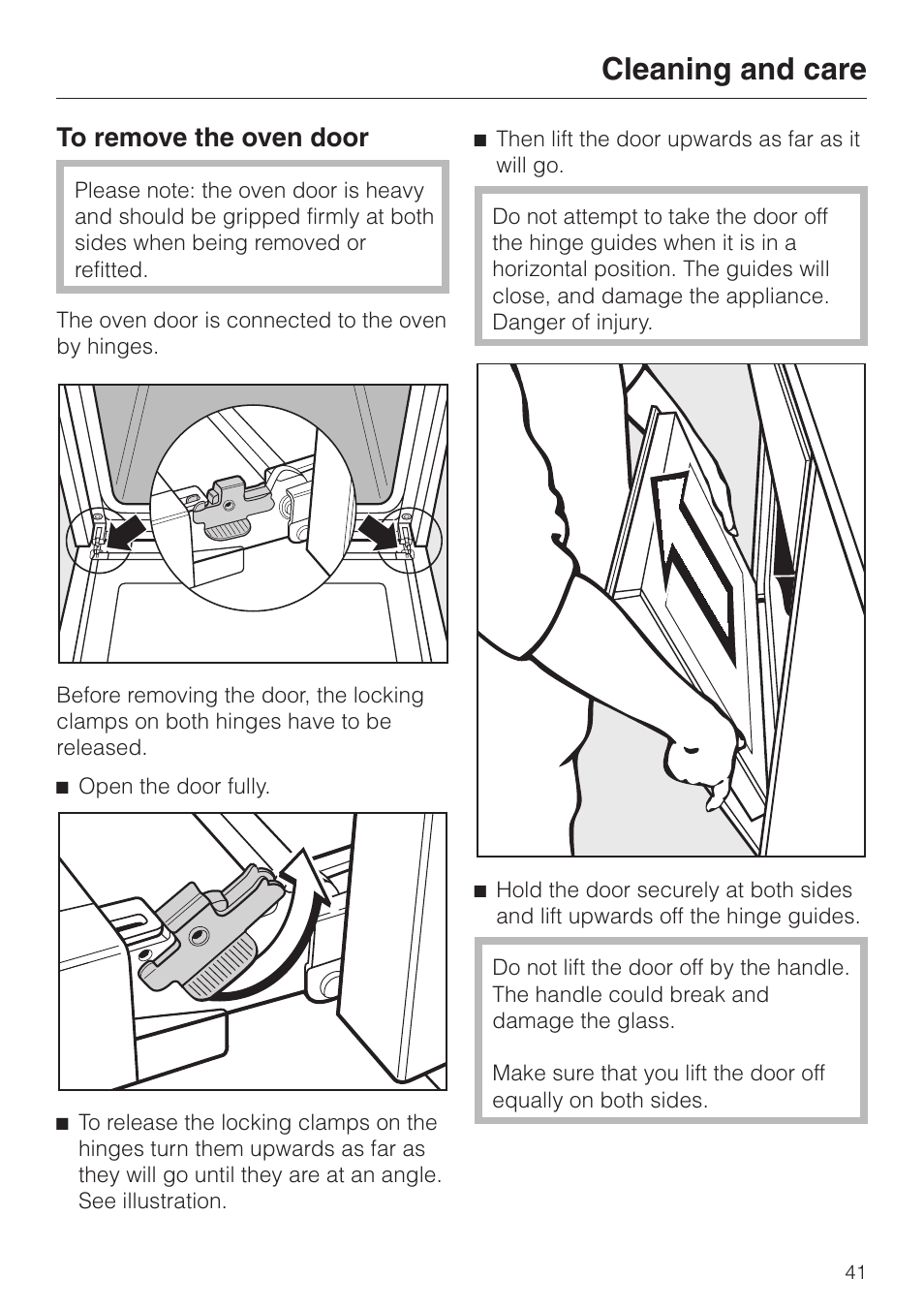 To remove the oven door 41, Cleaning and care | Miele H 4681 User Manual | Page 41 / 60
