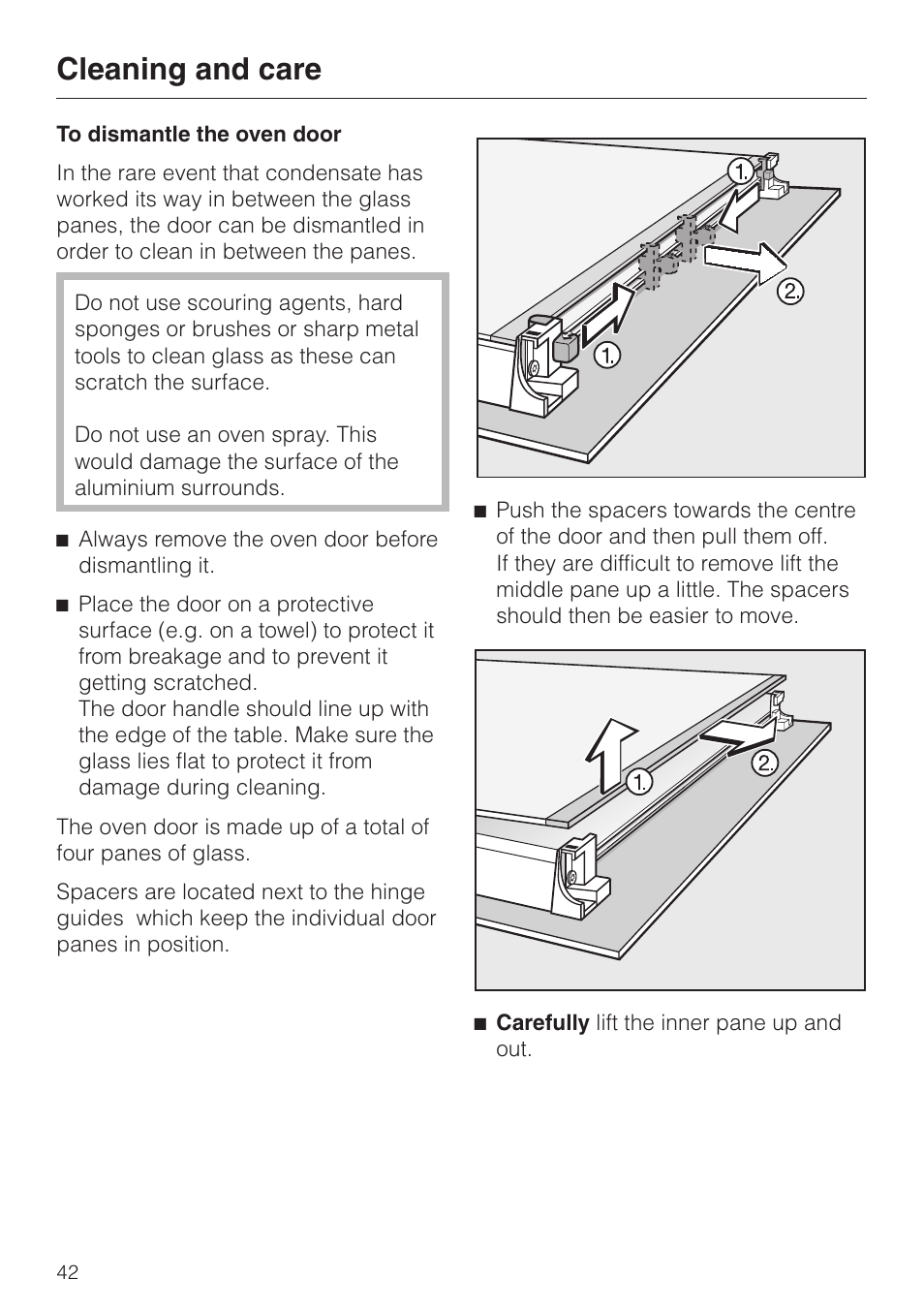 To dismantle the oven door 42, Cleaning and care | Miele H 4681 User Manual | Page 42 / 60