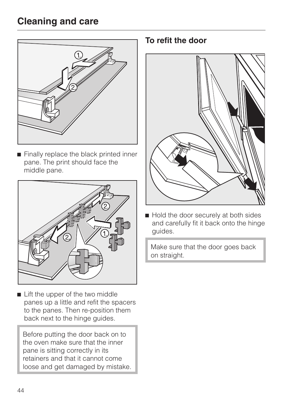 To refit the door 44, Cleaning and care | Miele H 4681 User Manual | Page 44 / 60