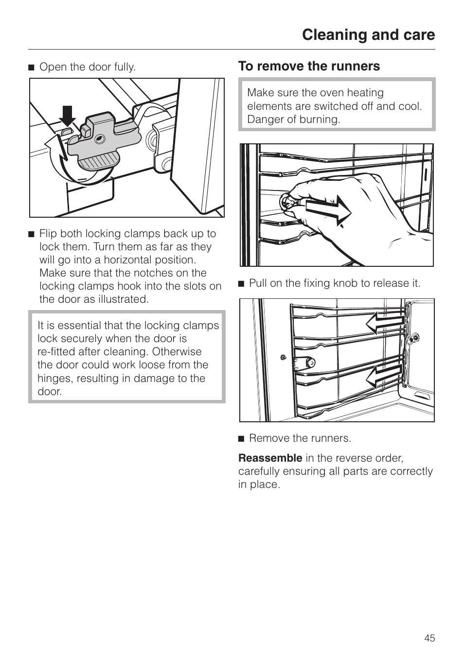 To remove the runners 45, Cleaning and care | Miele H 4681 User Manual | Page 45 / 60