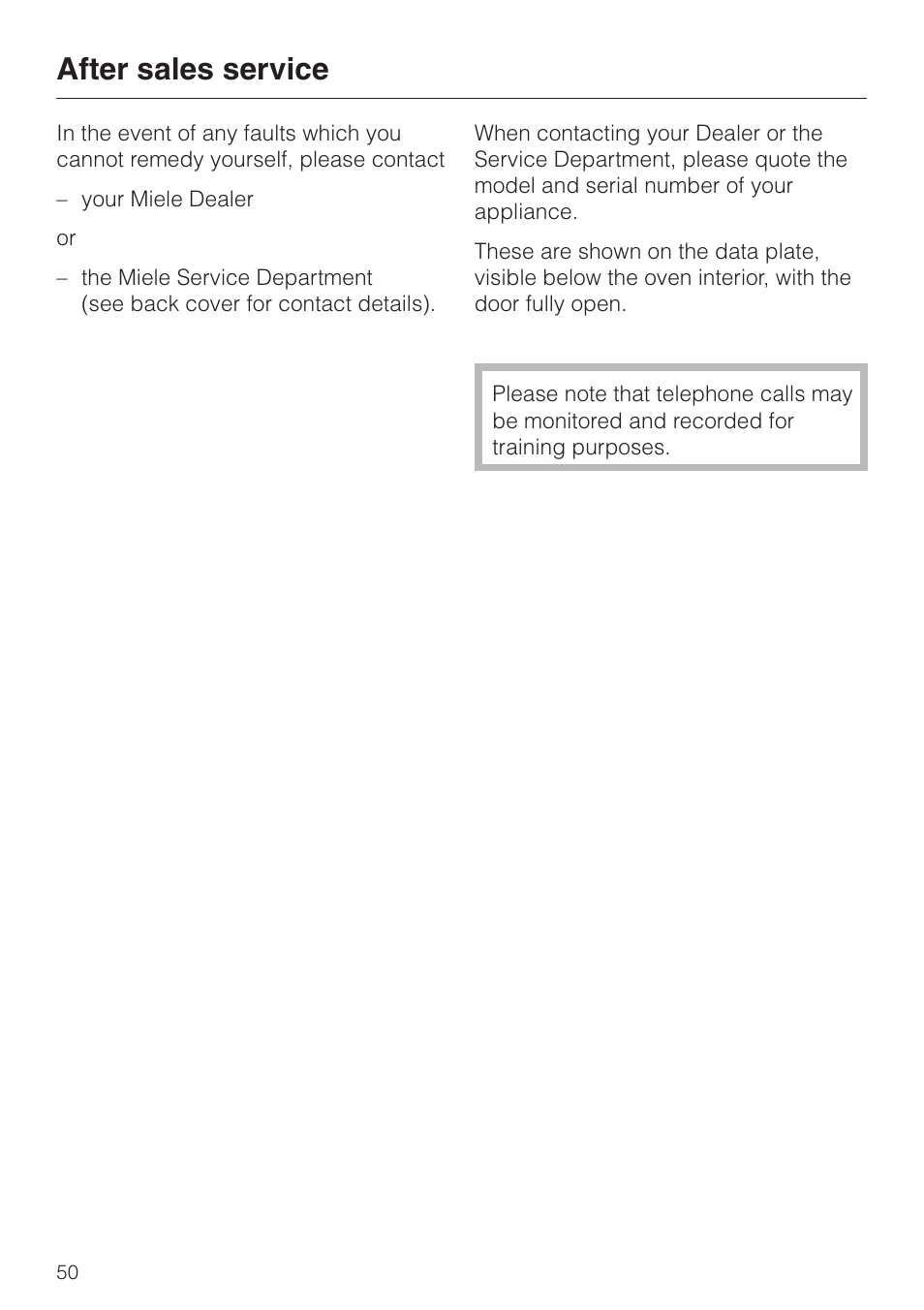 After sales service 50, After sales service | Miele H 4681 User Manual | Page 50 / 60