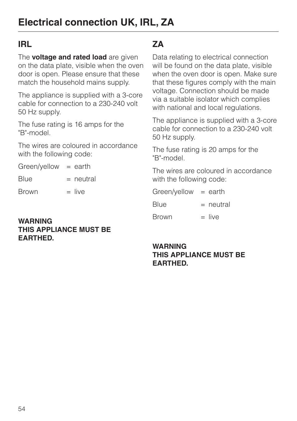 Electrical connection uk, irl, za | Miele H 4681 User Manual | Page 54 / 60