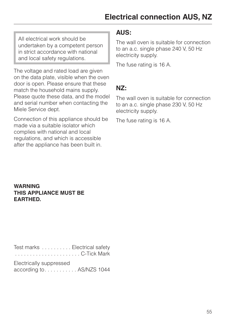 Electrical connection aus, nz 55, Electrical connection aus, nz | Miele H 4681 User Manual | Page 55 / 60