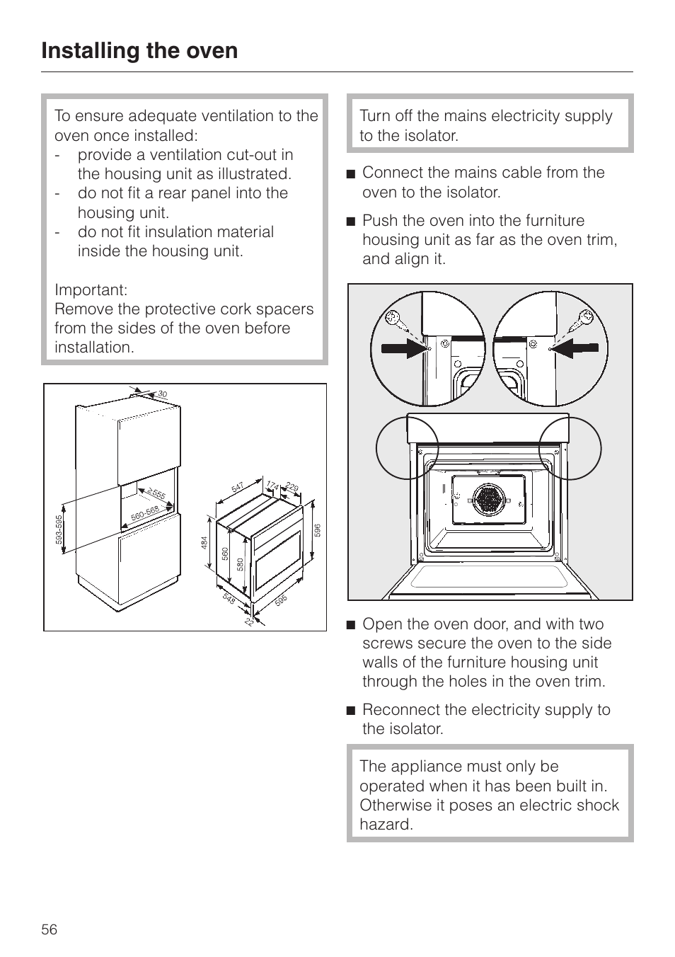 Installing the oven 56, Installing the oven | Miele H 4681 User Manual | Page 56 / 60