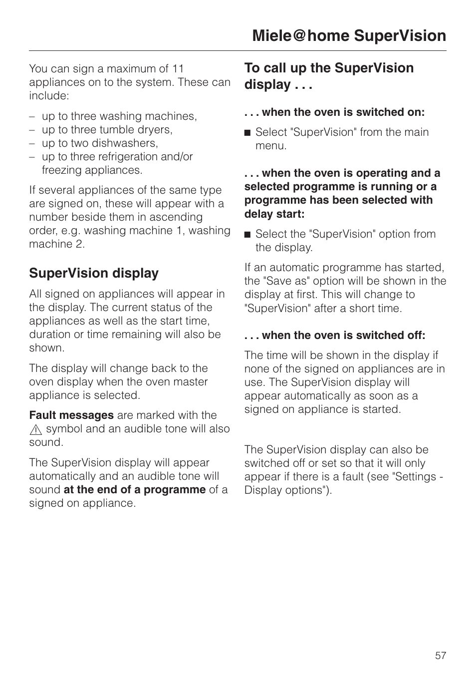 Miele { home supervision 57, Miele { home supervision, Supervision display | Miele H 4681 User Manual | Page 57 / 60