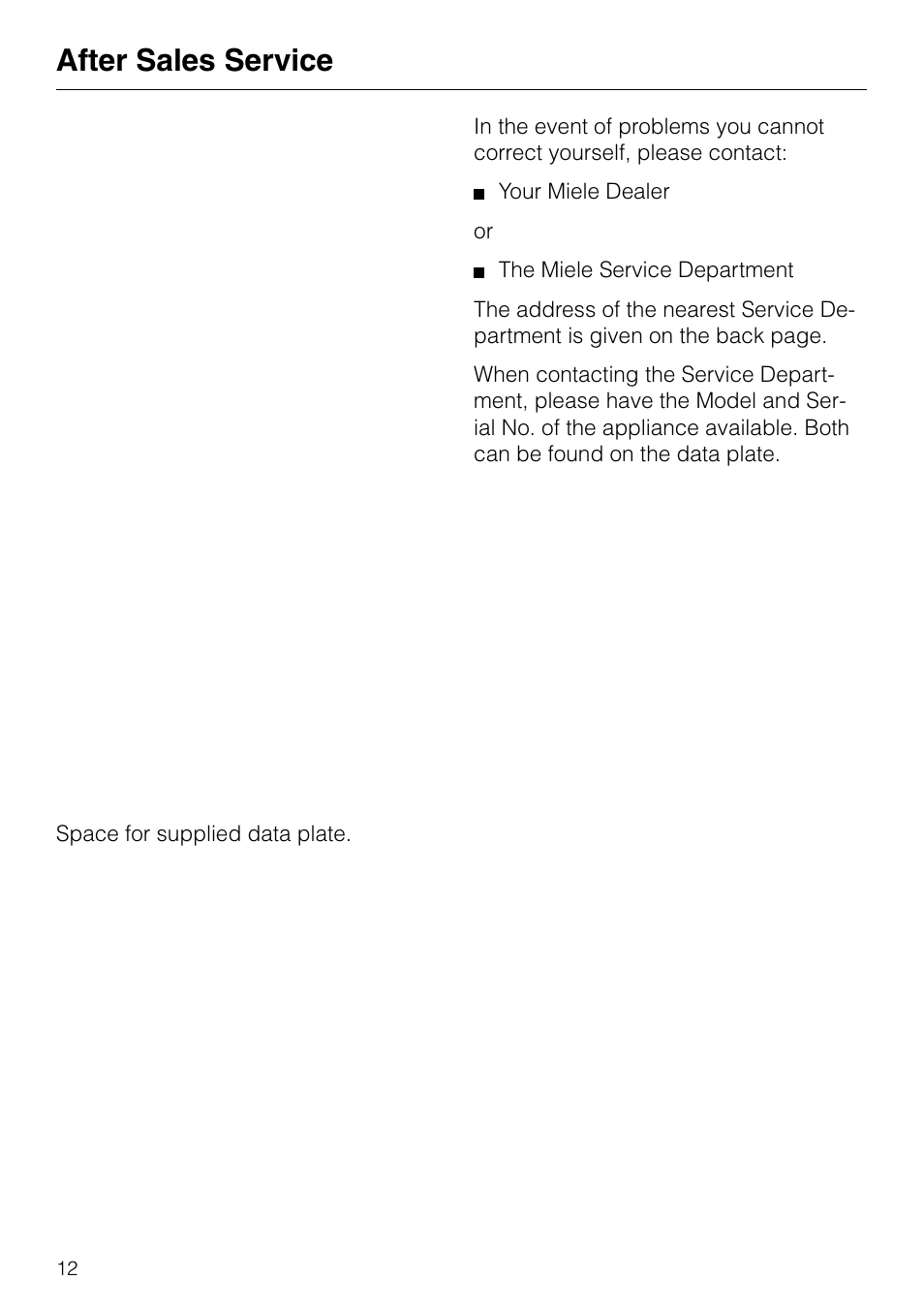 After sales service | Miele KM88-2 User Manual | Page 12 / 20