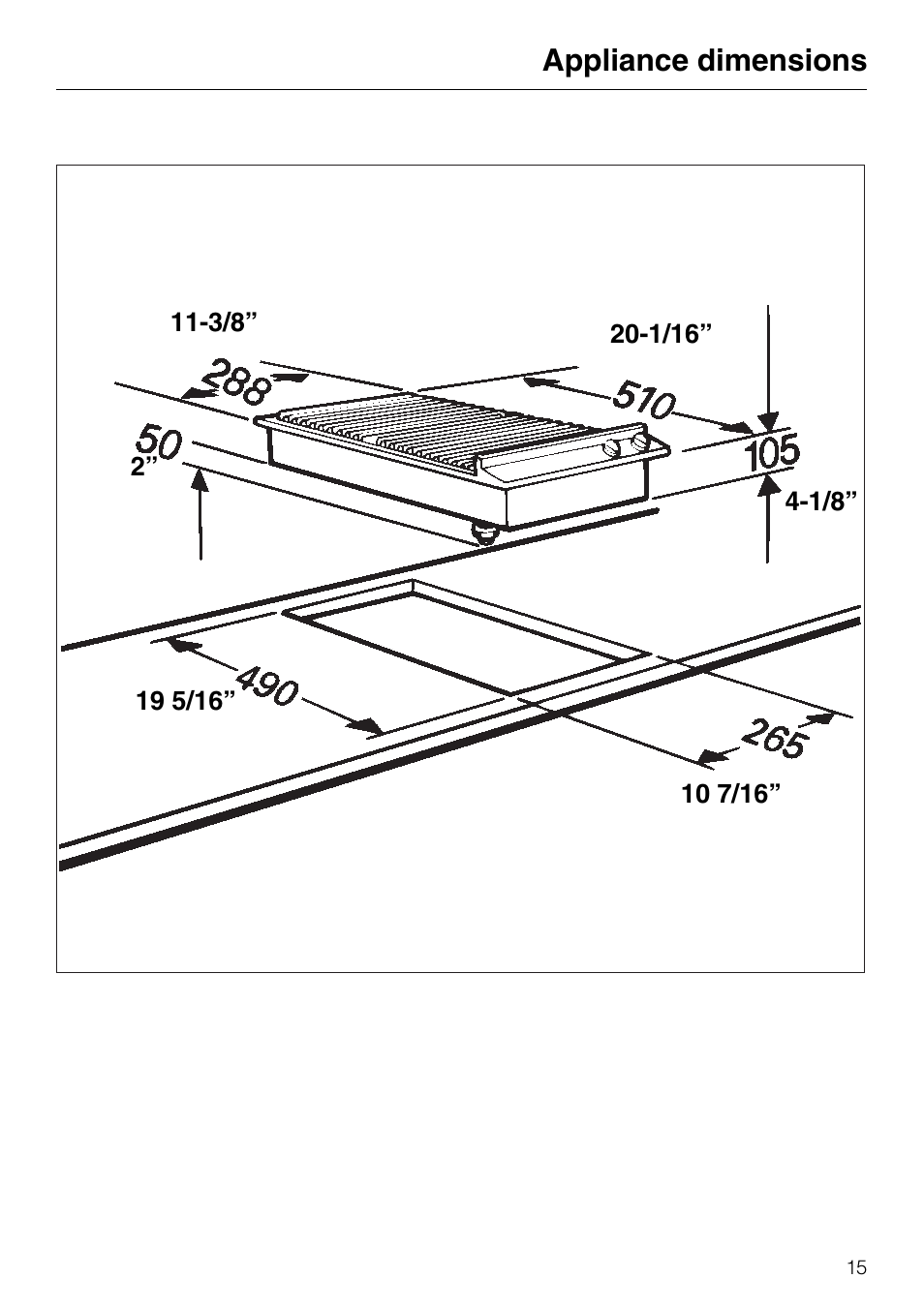 Appliance dimensions | Miele KM88-2 User Manual | Page 15 / 20