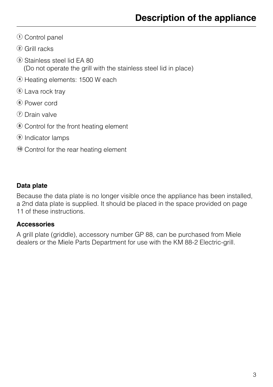 Description of the appliance | Miele KM88-2 User Manual | Page 3 / 20