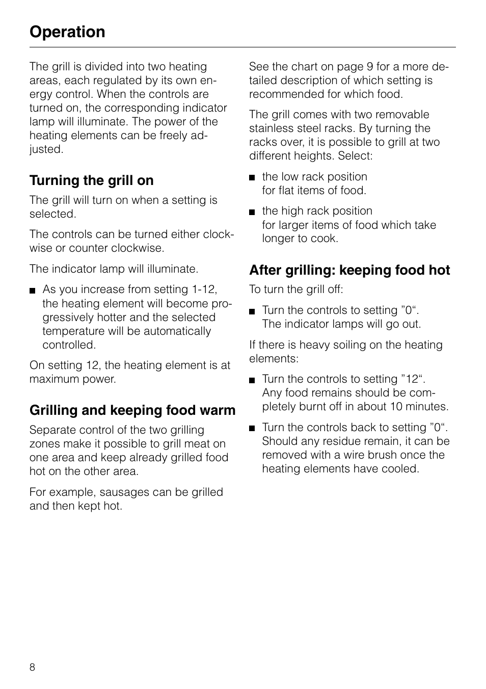 Operation, Turning the grill on, Grilling and keeping food warm | After grilling: keeping food hot | Miele KM88-2 User Manual | Page 8 / 20