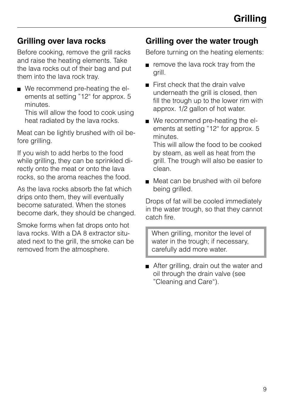 Grilling, Grilling over lava rocks, Grilling over the water trough | Miele KM88-2 User Manual | Page 9 / 20