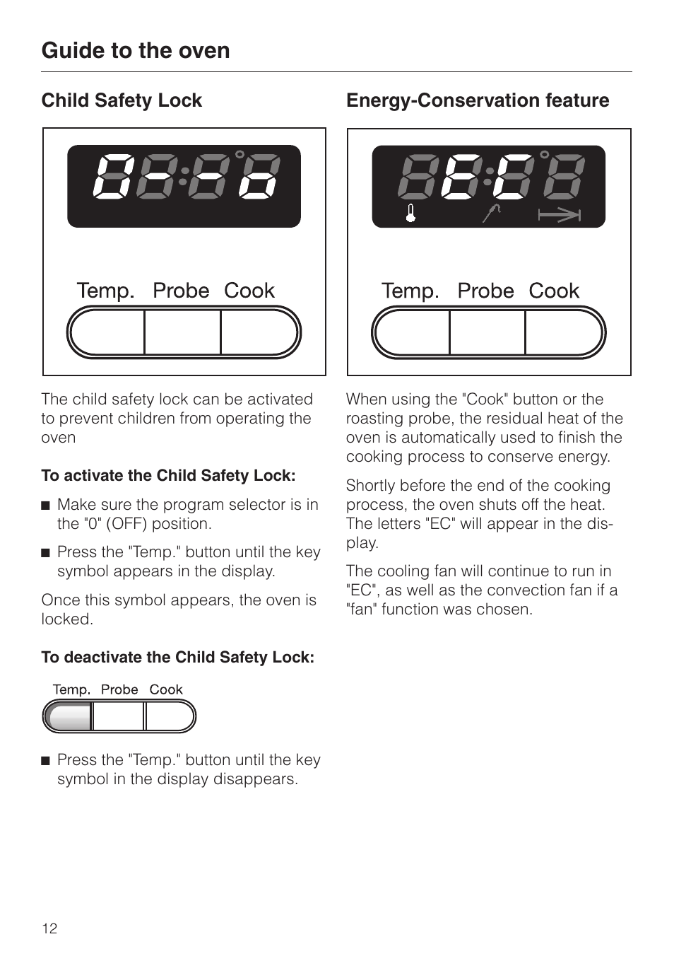 Guide to the oven 12, Energy-conservation feature 12, Guide to the oven | Energy-conservation feature, Child safety lock | Miele H350-2B User Manual | Page 12 / 56