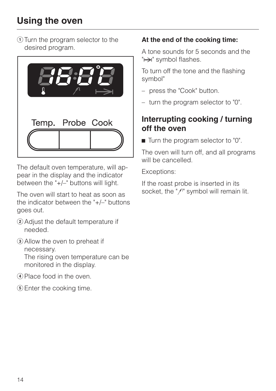 Using the oven 14, Interrupting cooking / turning off the oven 14, Using the oven | Interrupting cooking / turning off the oven | Miele H350-2B User Manual | Page 14 / 56