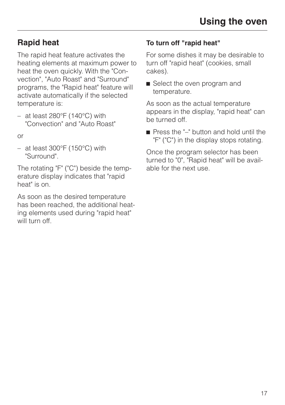 Rapid heat 17, To turn off "rapid heat" 17, Rapid heat | To turn off "rapid heat, Using the oven | Miele H350-2B User Manual | Page 17 / 56