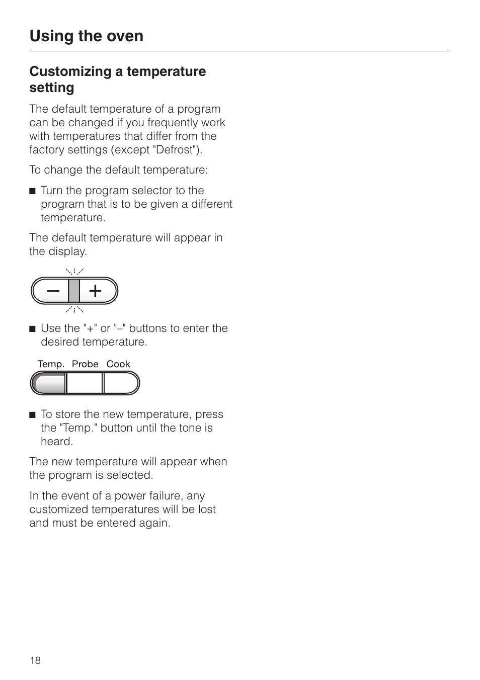 Customizing a temperature setting 18, Customizing a temperature setting, Using the oven | Miele H350-2B User Manual | Page 18 / 56