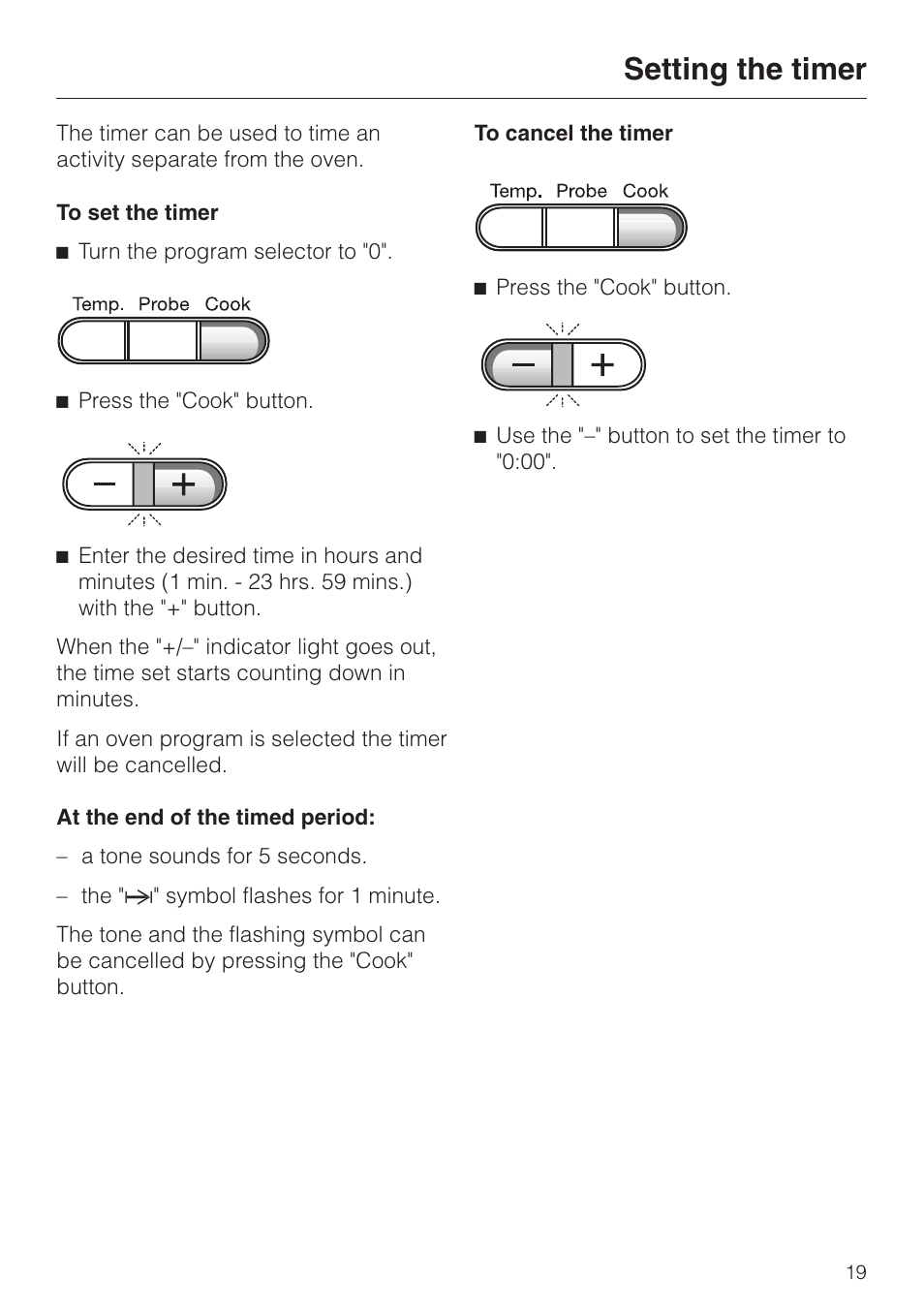Setting the timer 19, Setting the timer | Miele H350-2B User Manual | Page 19 / 56