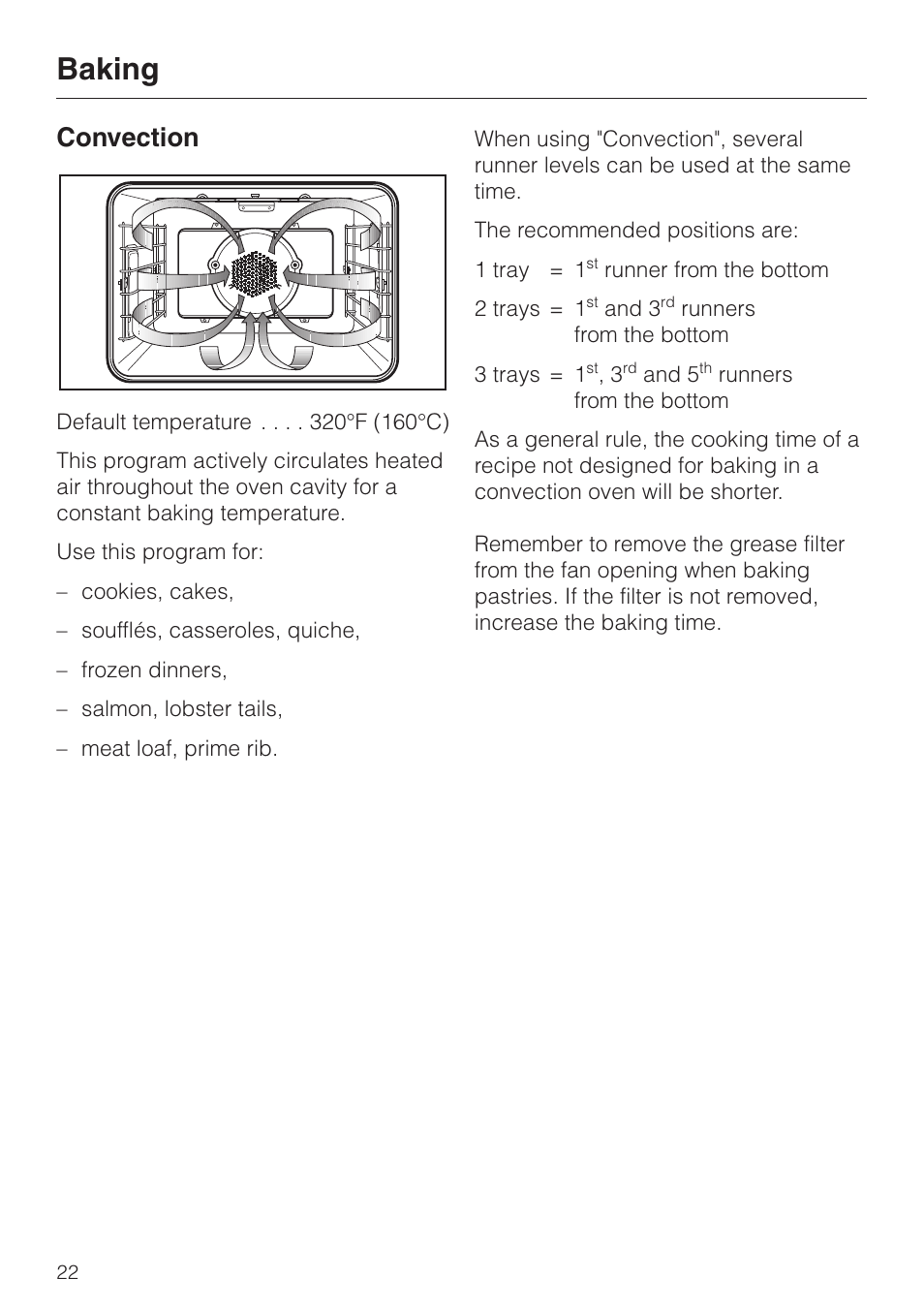Baking 22, Baking, Convection | Miele H350-2B User Manual | Page 22 / 56
