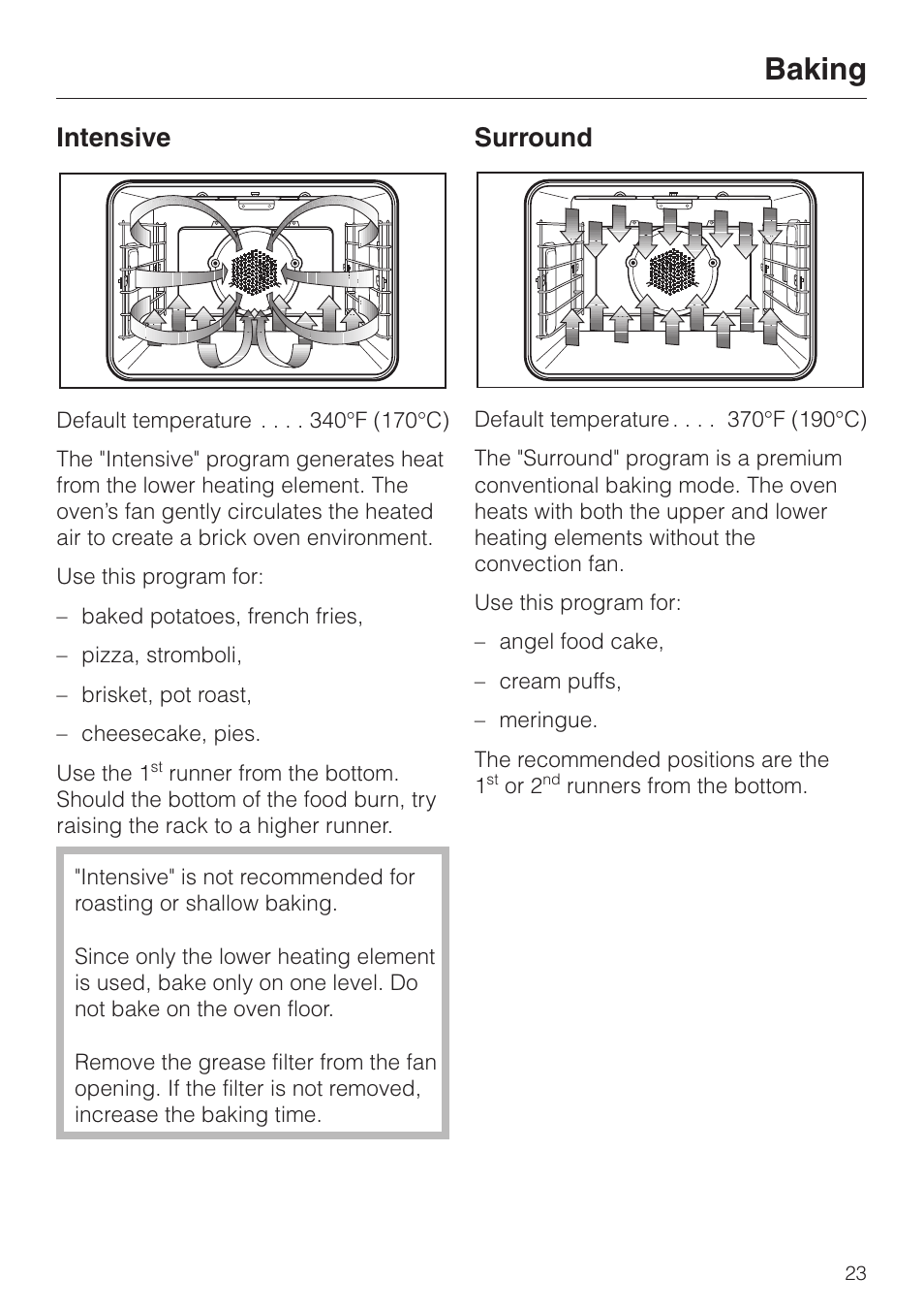Baking, Intensive, Surround | Miele H350-2B User Manual | Page 23 / 56