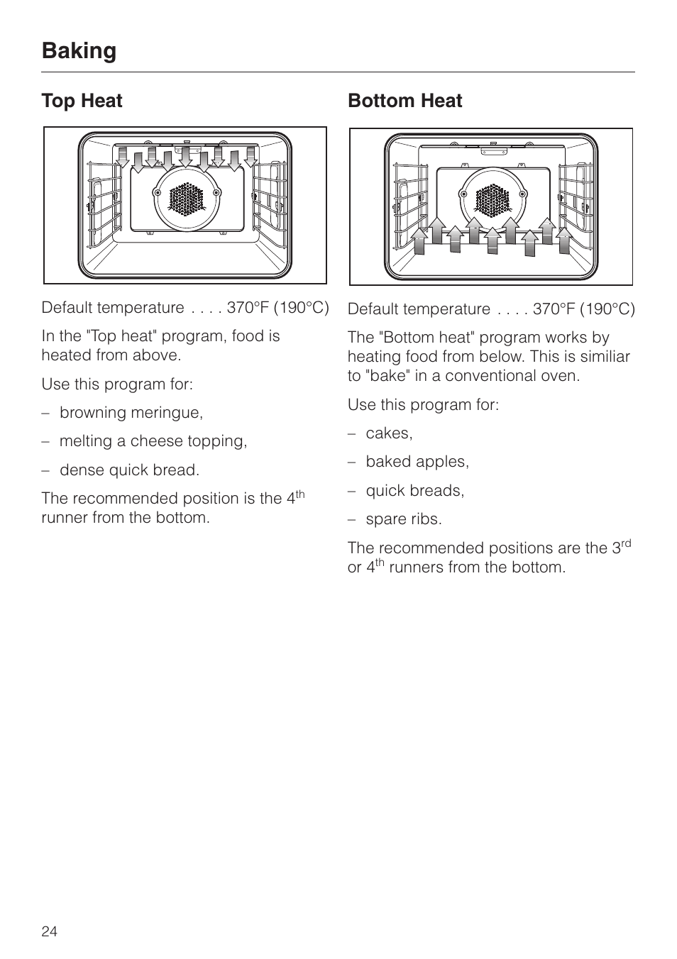 Baking, Top heat, Bottom heat | Miele H350-2B User Manual | Page 24 / 56