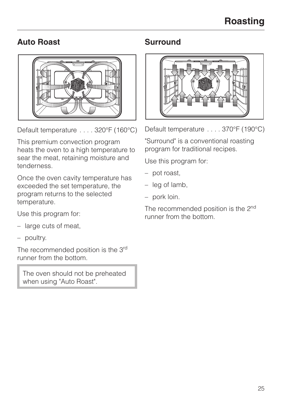 Roasting 25, Roasting, Auto roast | Surround | Miele H350-2B User Manual | Page 25 / 56