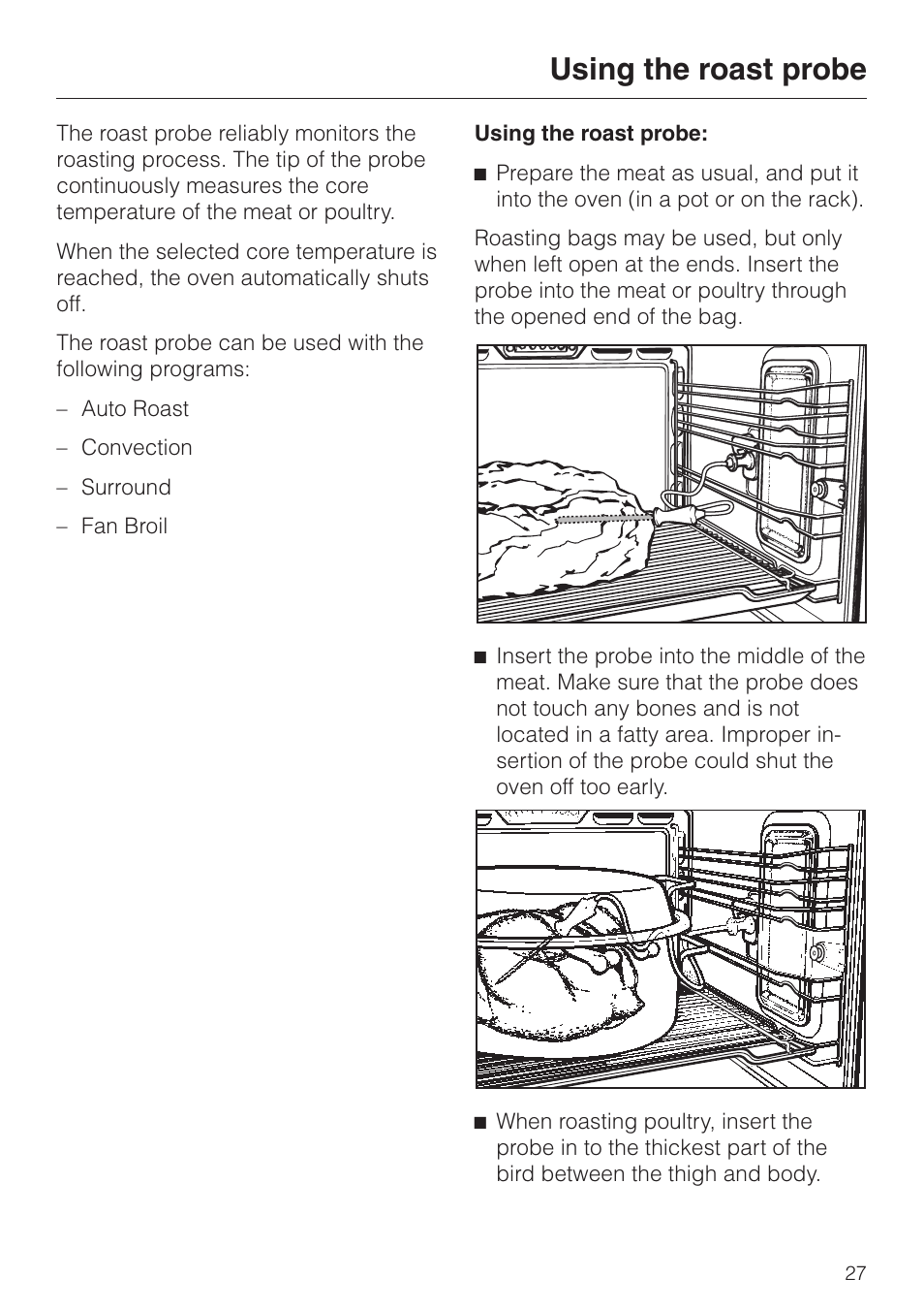 Using the roast probe 27, Using the roast probe | Miele H350-2B User Manual | Page 27 / 56