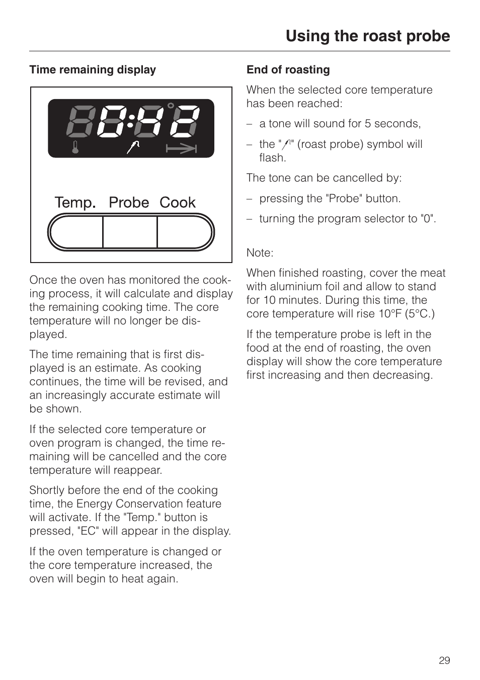 Using the roast probe | Miele H350-2B User Manual | Page 29 / 56
