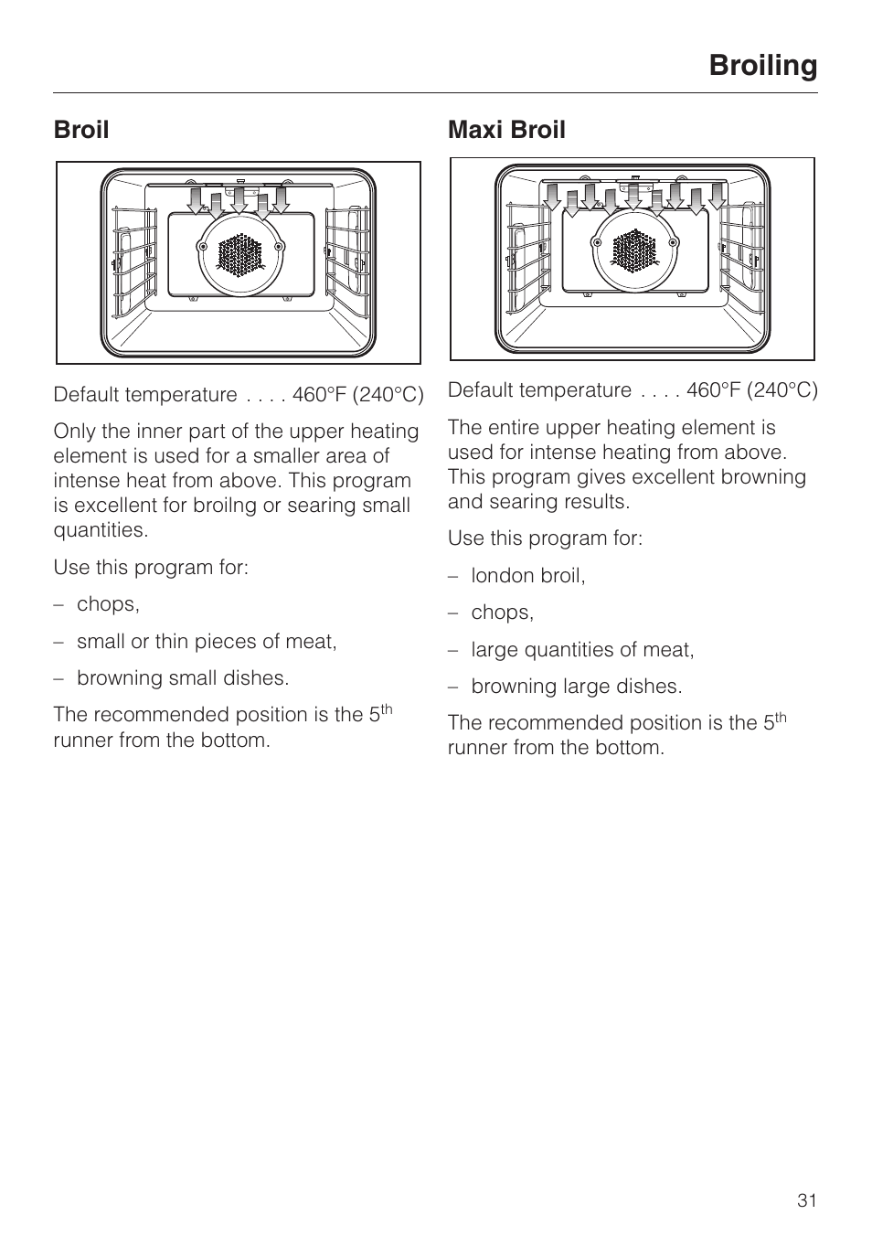 Broiling 31, Broiling, Broil | Maxi broil | Miele H350-2B User Manual | Page 31 / 56