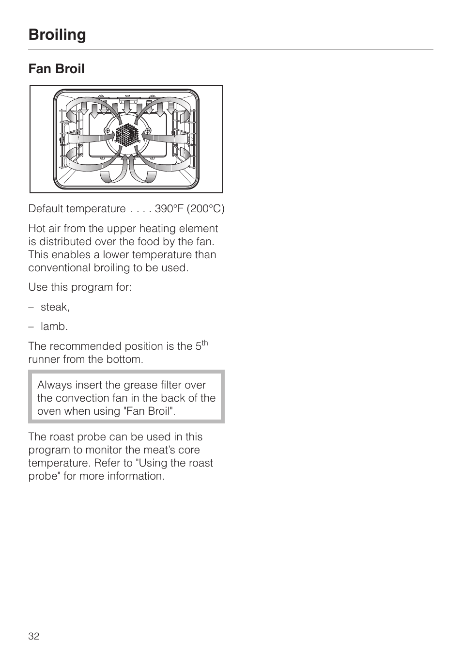 Broiling, Fan broil | Miele H350-2B User Manual | Page 32 / 56