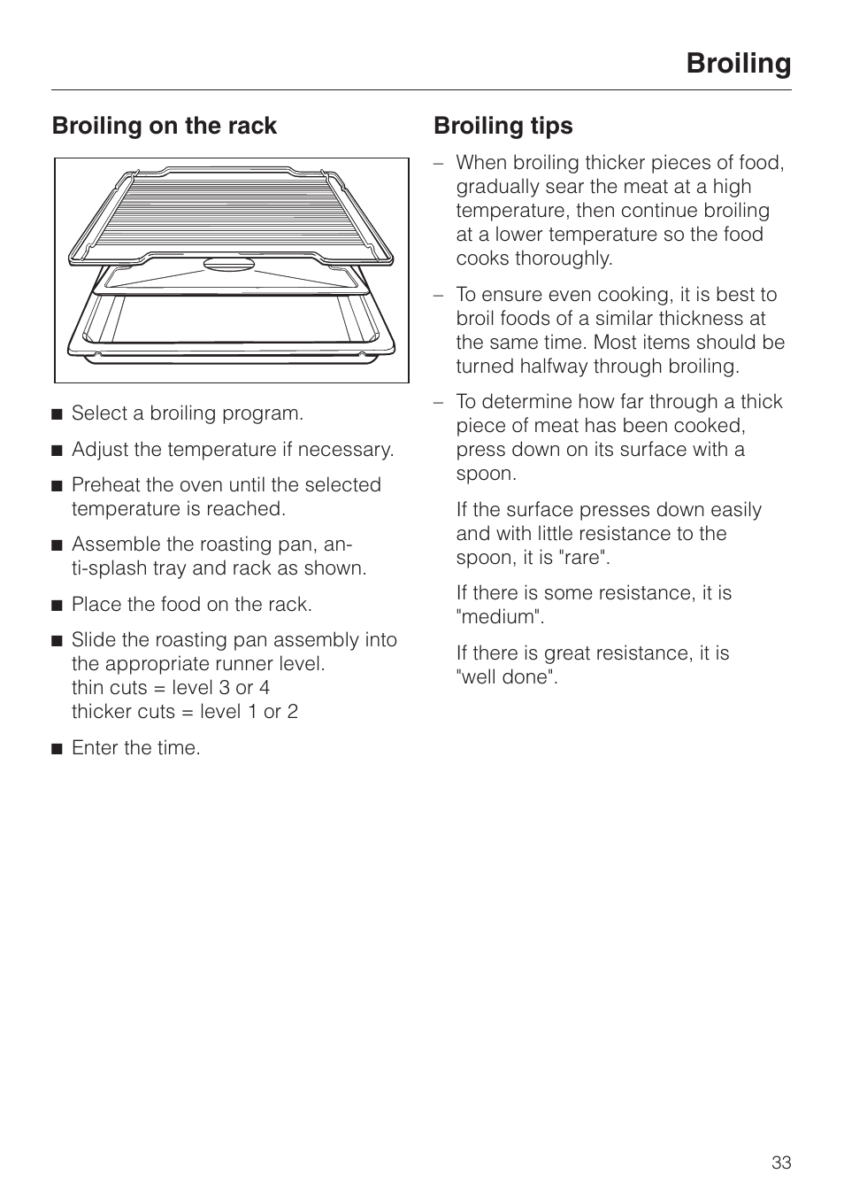 Broiling tips 33, Broiling tips, Broiling | Broiling on the rack | Miele H350-2B User Manual | Page 33 / 56