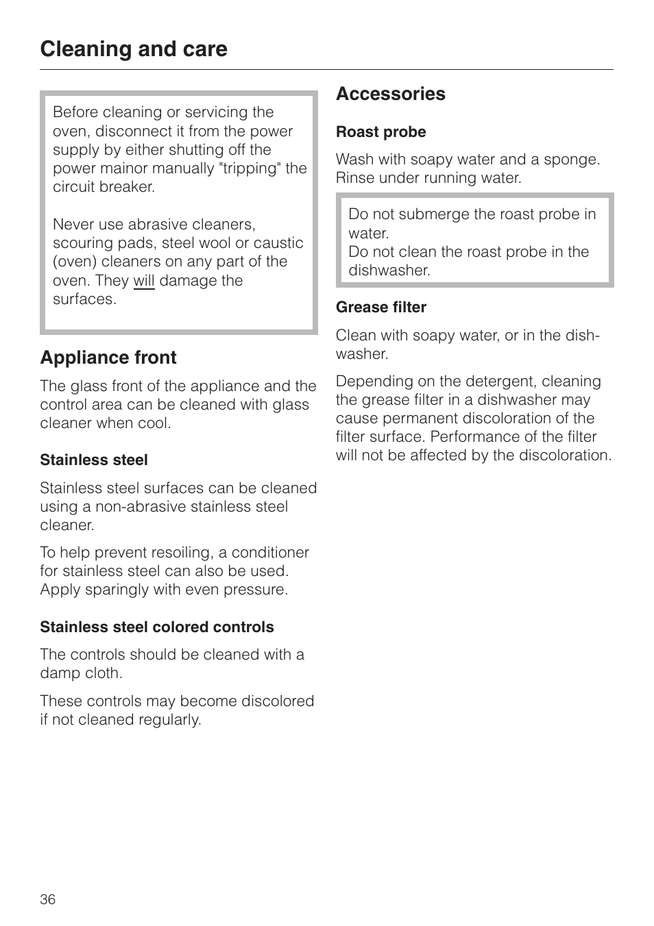 Cleaning and care 36, Cleaning and care, Appliance front | Accessories | Miele H350-2B User Manual | Page 36 / 56