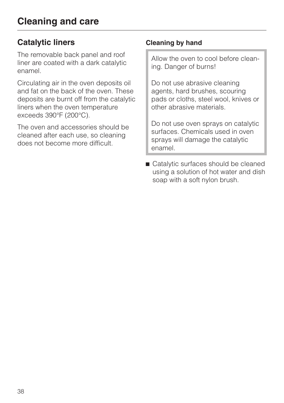 Catalytic liners 38, Catalytic liners, Cleaning and care | Miele H350-2B User Manual | Page 38 / 56