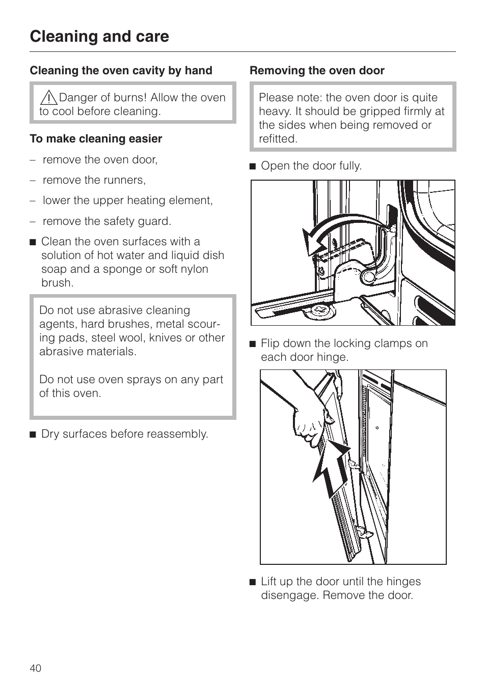 Removing the oven door 40, Removing the oven door, Cleaning and care | Miele H350-2B User Manual | Page 40 / 56