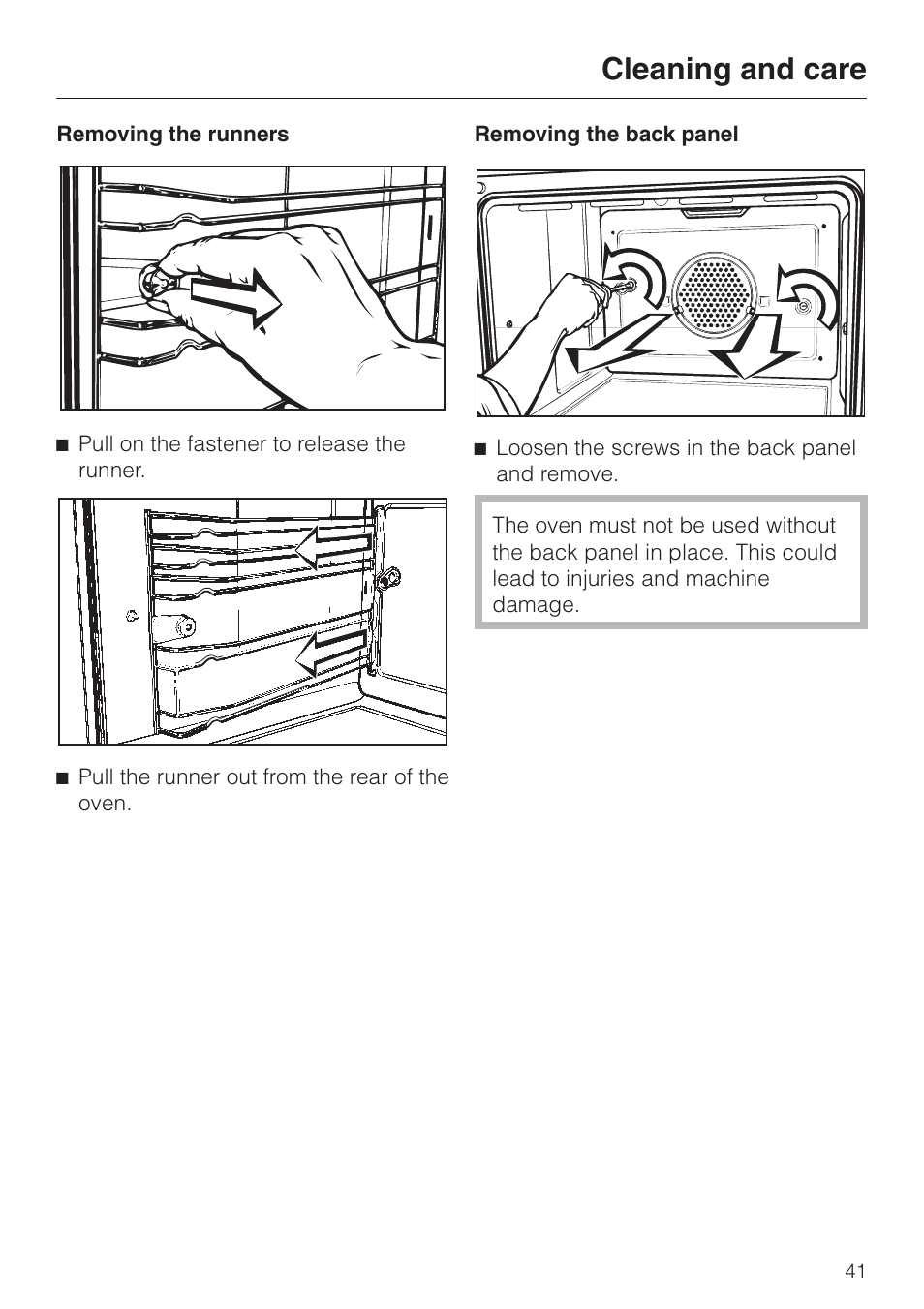 Removing the runners 41, Removing the back panel 41, Removing the runners removing the back panel | Cleaning and care | Miele H350-2B User Manual | Page 41 / 56