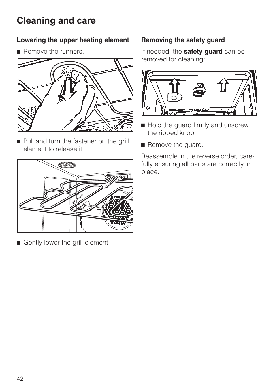 Lowering the upper heating element 42, Removing the safety guard 42, Cleaning and care | Miele H350-2B User Manual | Page 42 / 56