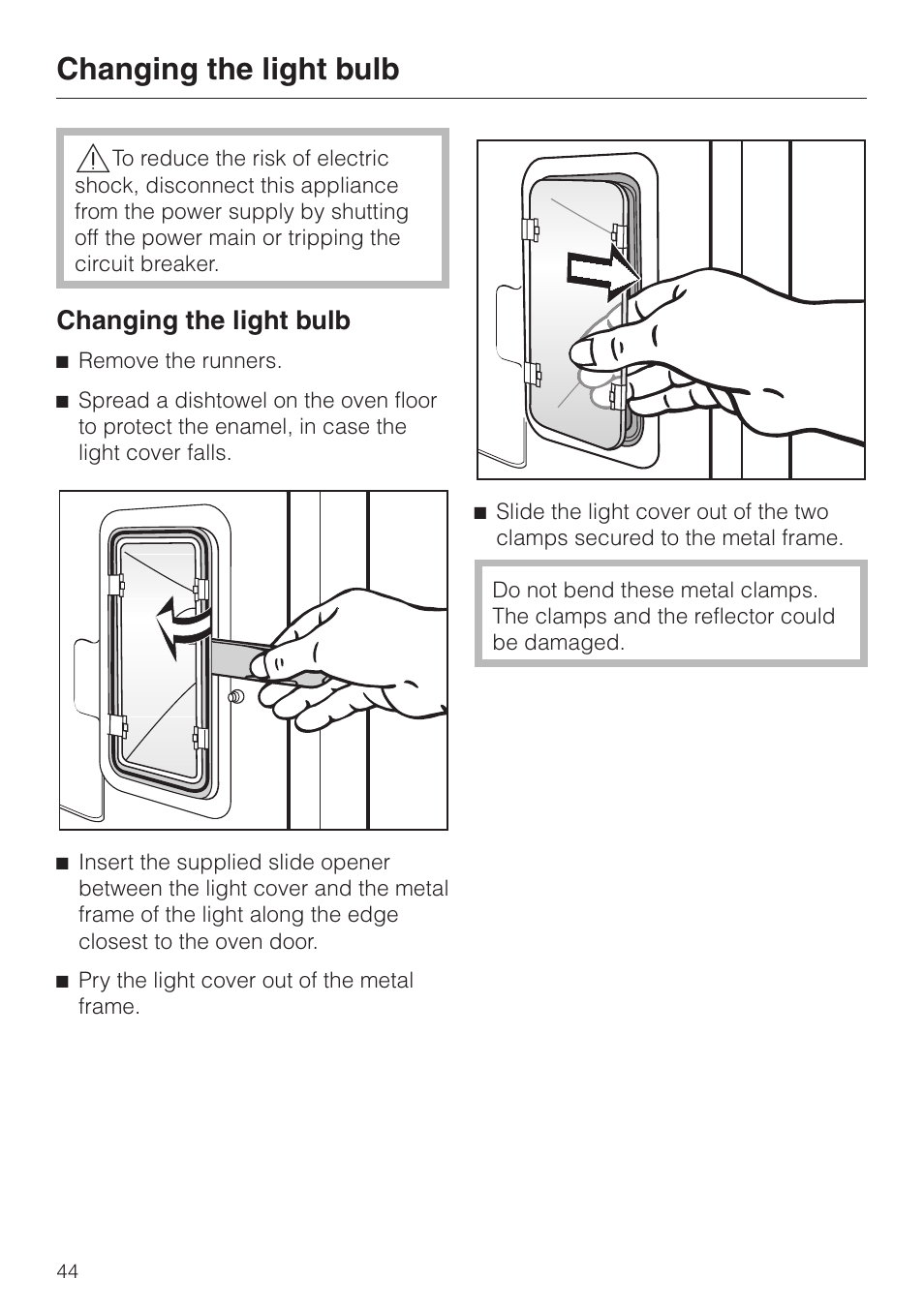 Changing the light bulb 44, Changing the light bulb | Miele H350-2B User Manual | Page 44 / 56