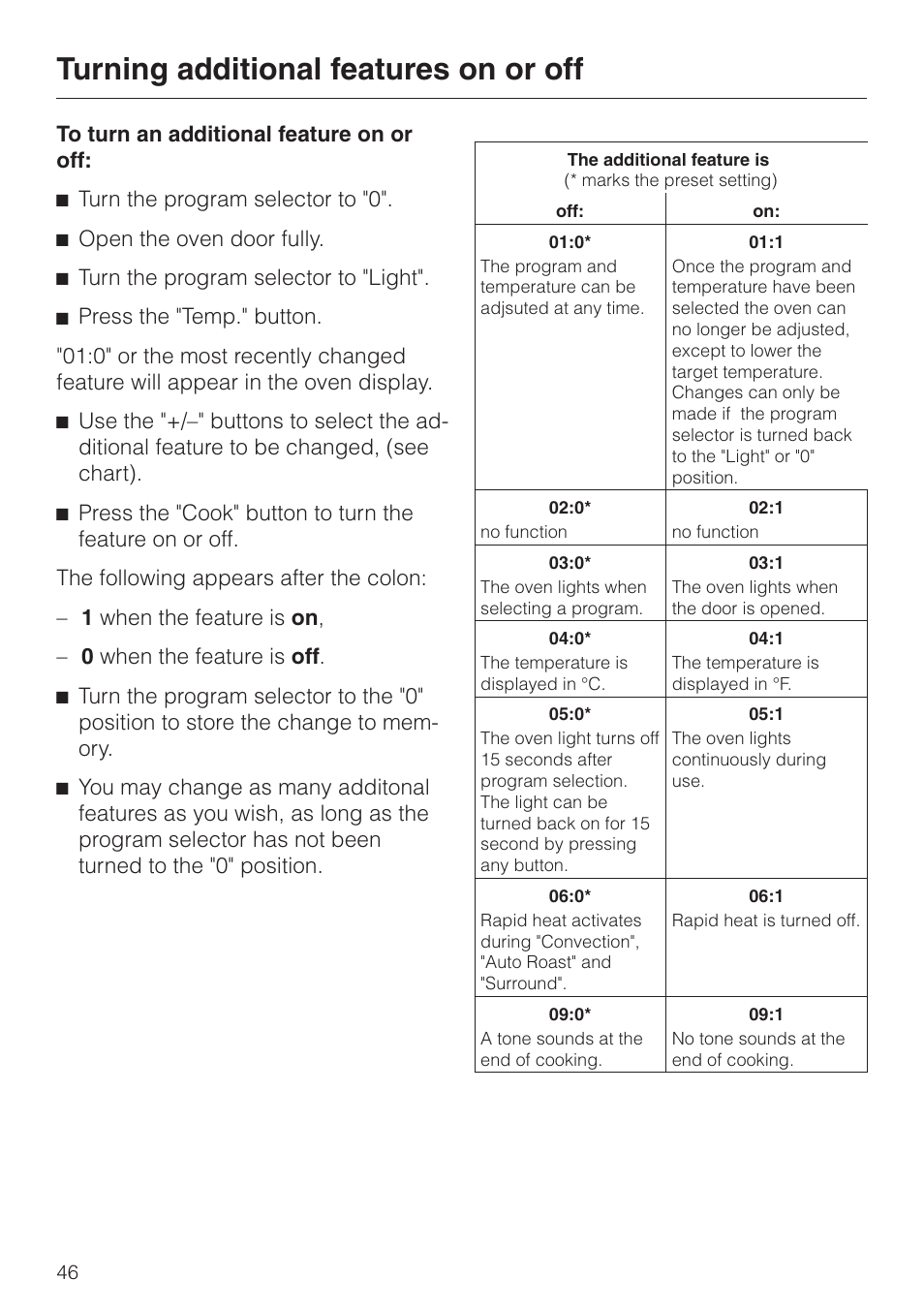 Turning additional features on or off 46, Turning additional features on or off | Miele H350-2B User Manual | Page 46 / 56