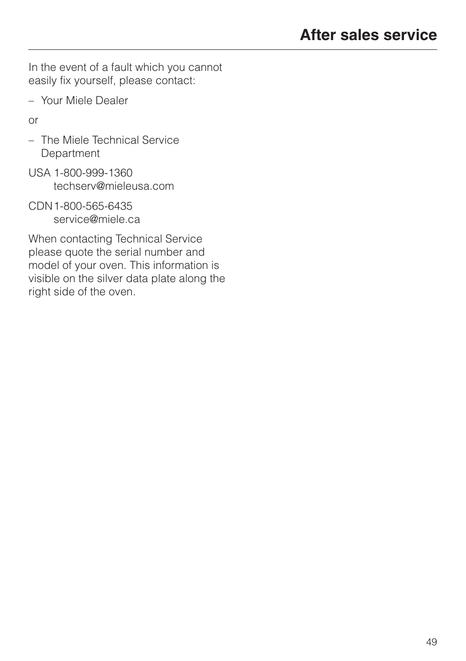 After sales service 49, After sales service | Miele H350-2B User Manual | Page 49 / 56