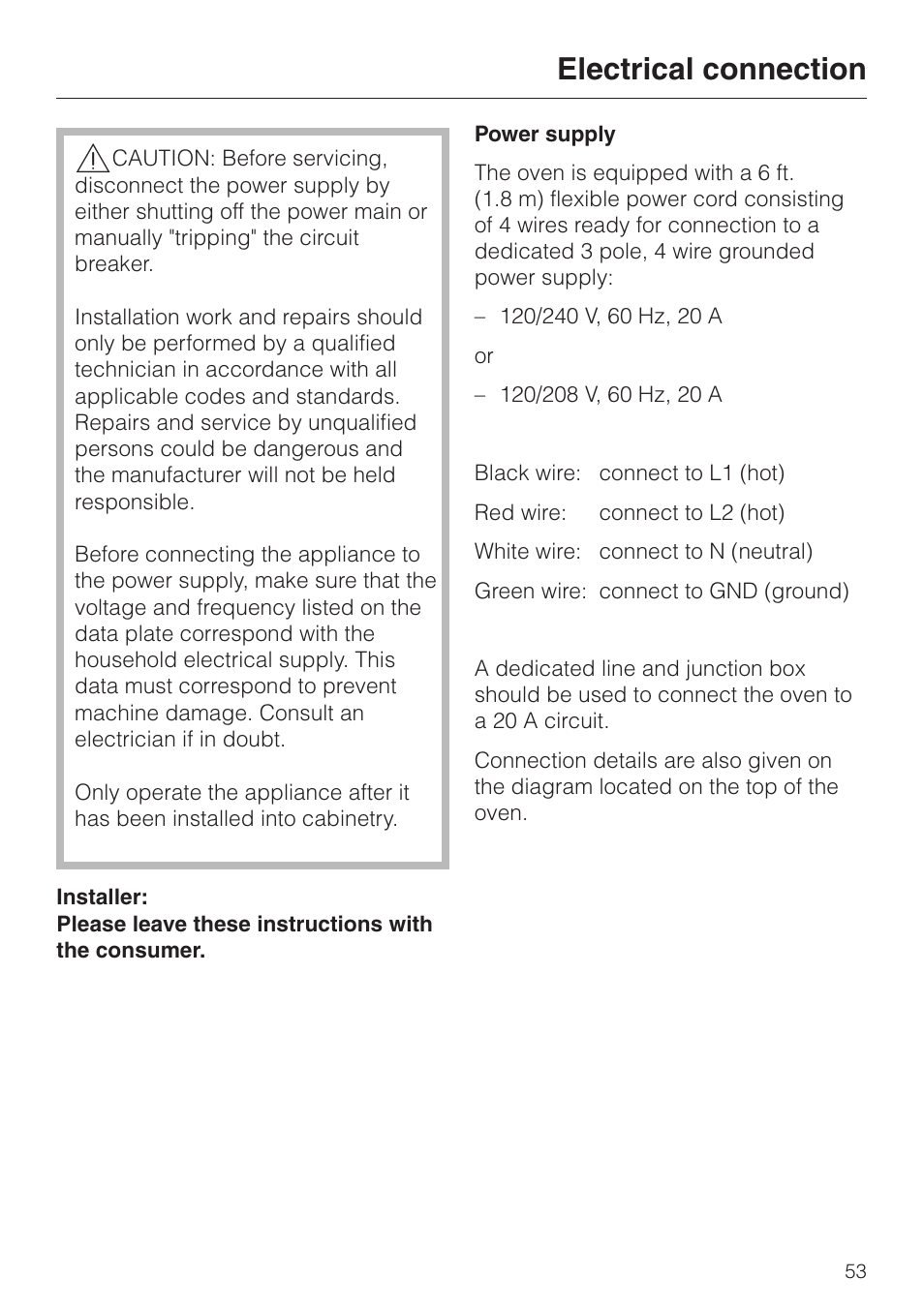 Electrical connection 53, Electrical connection | Miele H350-2B User Manual | Page 53 / 56