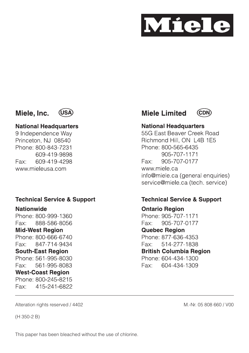 Miele H350-2B User Manual | Page 56 / 56