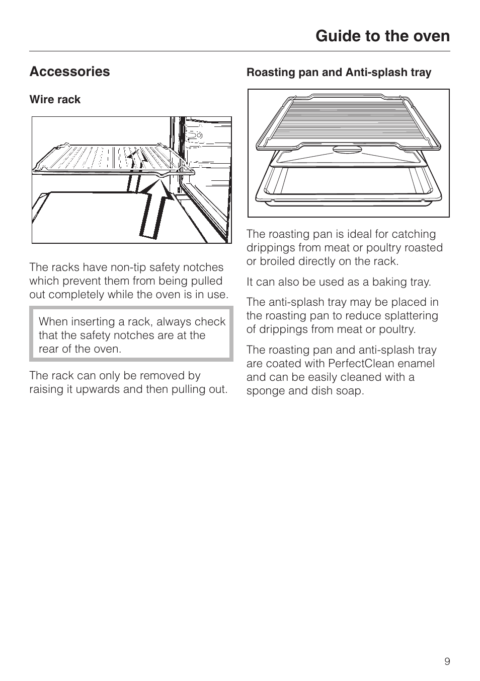 Accessories 9, Wire rack 9, Roasting pan and anti-splash tray 9 | Accessories, Wire rack roasting pan and anti-splash tray, Guide to the oven | Miele H350-2B User Manual | Page 9 / 56