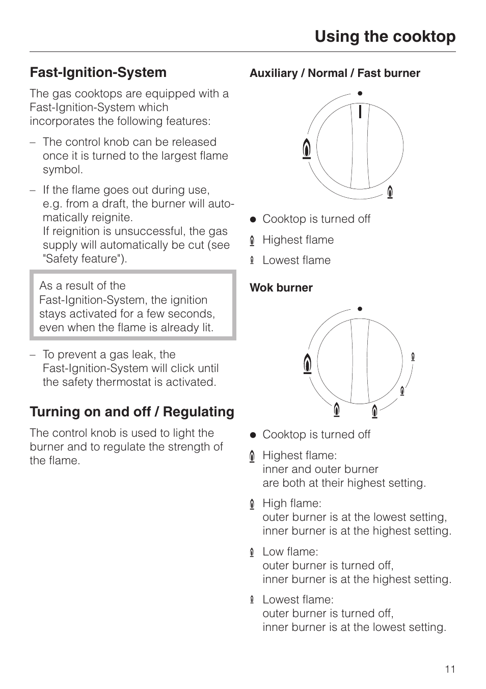 Using the cooktop 11, Fast-ignition-system 11, Turning on and off / regulating 11 | Using the cooktop, Fast-ignition-system, Turning on and off / regulating | Miele KM391 User Manual | Page 11 / 36