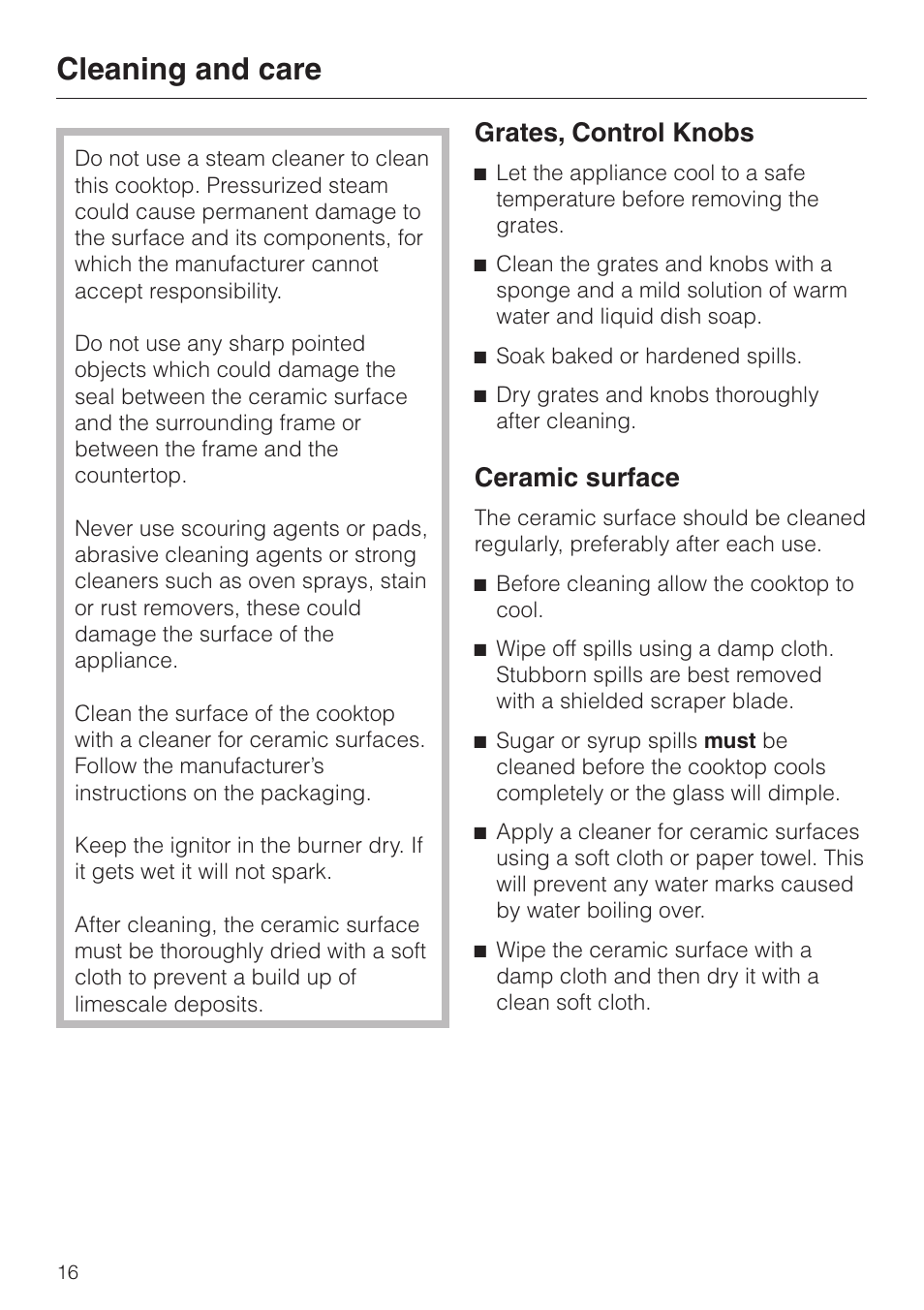 Cleaning and care 16, Grates, control knobs 16, Ceramic surface 16 | Cleaning and care, Grates, control knobs, Ceramic surface | Miele KM391 User Manual | Page 16 / 36