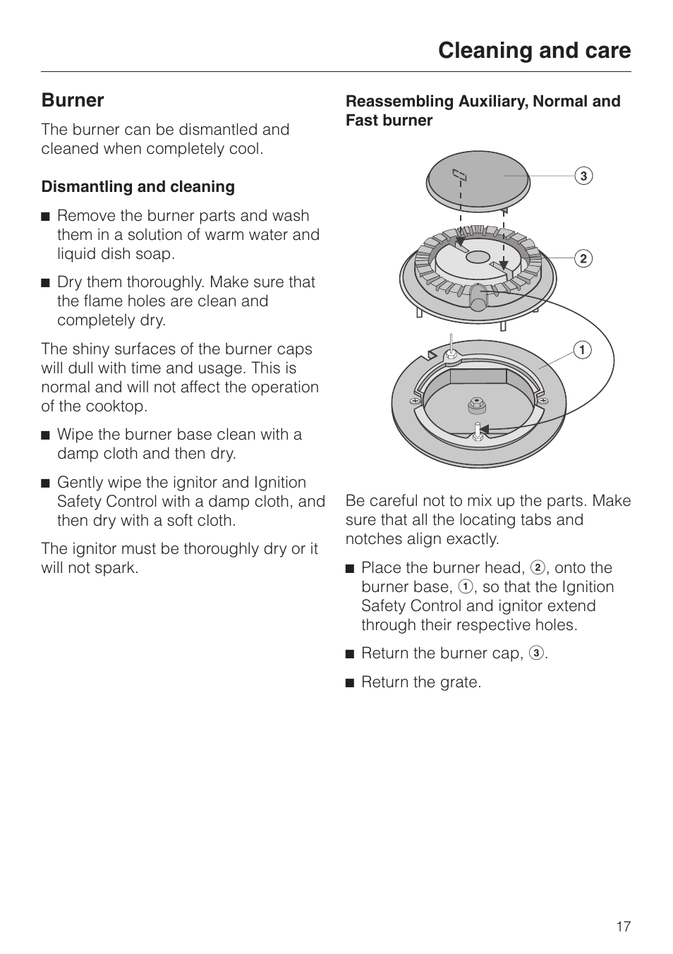 Burner 17, Cleaning and care, Burner | Miele KM391 User Manual | Page 17 / 36